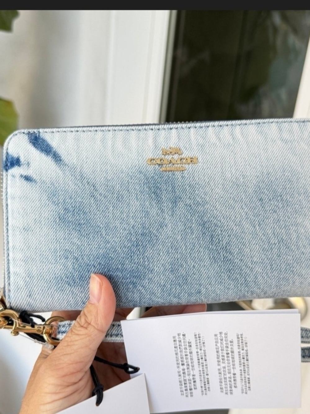Coach Light Wash Denim Zip Wallet Wristlet with Gold Logo